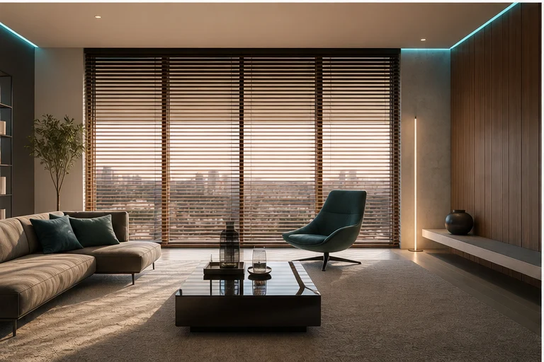 Smart-Home Wohnraum mit Holzjalousien